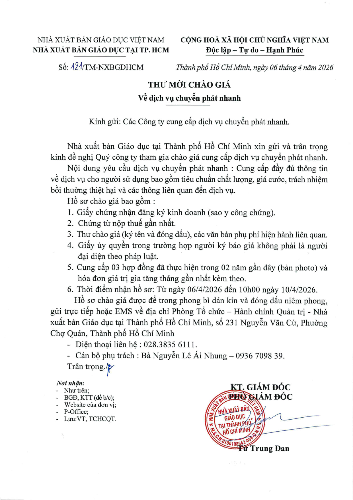 Thư mời chào giá - về dịch vụ chuyển phát nhanh