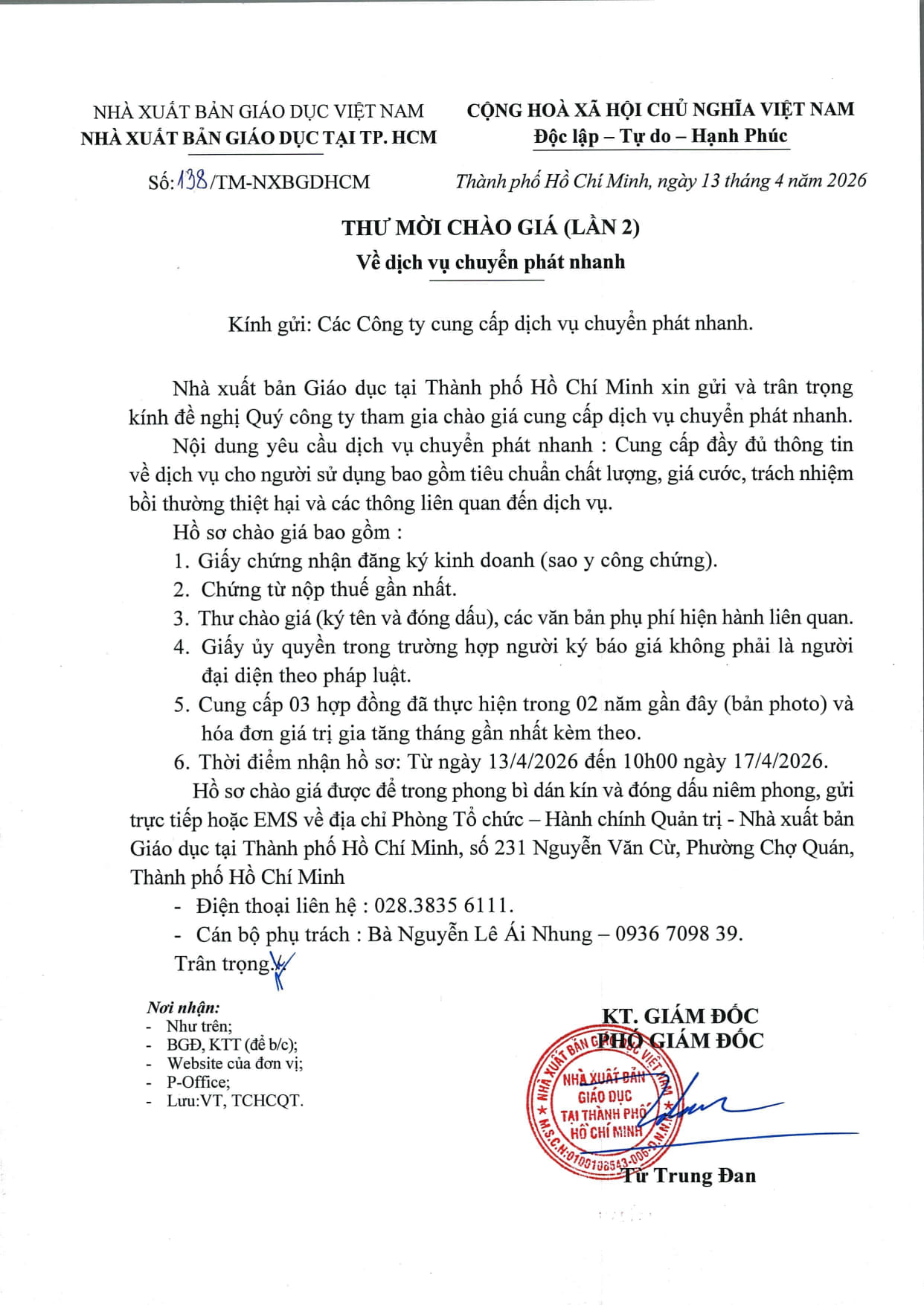 Thư mời chào giá (lần 2) - về dịch vụ chuyển phát nhanh