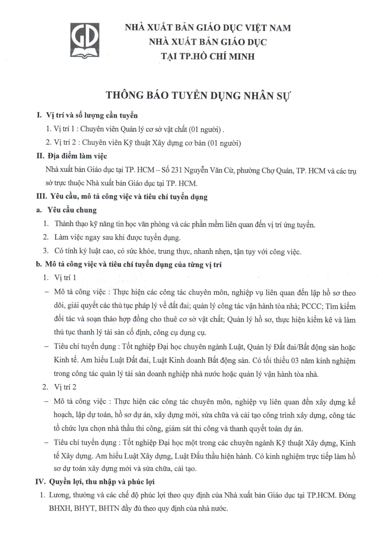 Thông báo tuyển dụng nhân sự