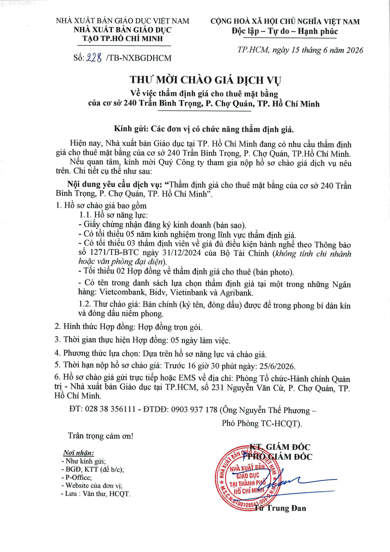 THƯ MỜI CHÀO GIÁ DỊCH VỤ Về việc thẩm định giá cho thuê mặt bằng của cơ sở 240 Trần Bình Trọng, P. Chợ Quán, TP. Hồ Chí Minh