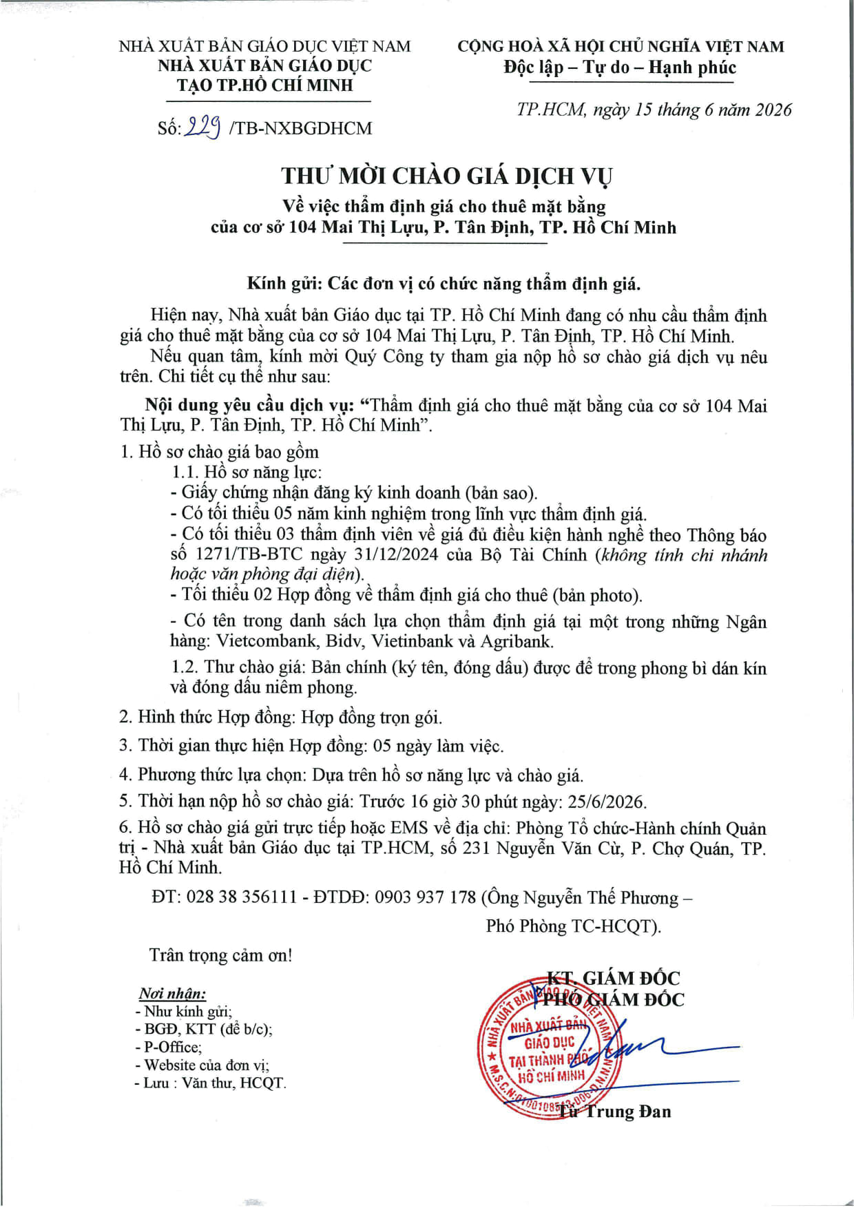 THƯ MỜI CHÀO GIÁ DỊCH VỤ Về việc thẩm định giá cho thuê mặt bằng của cơ sở 104 Mai Thị Lựu, P. Tân Định, TP. Hồ Chí Minh