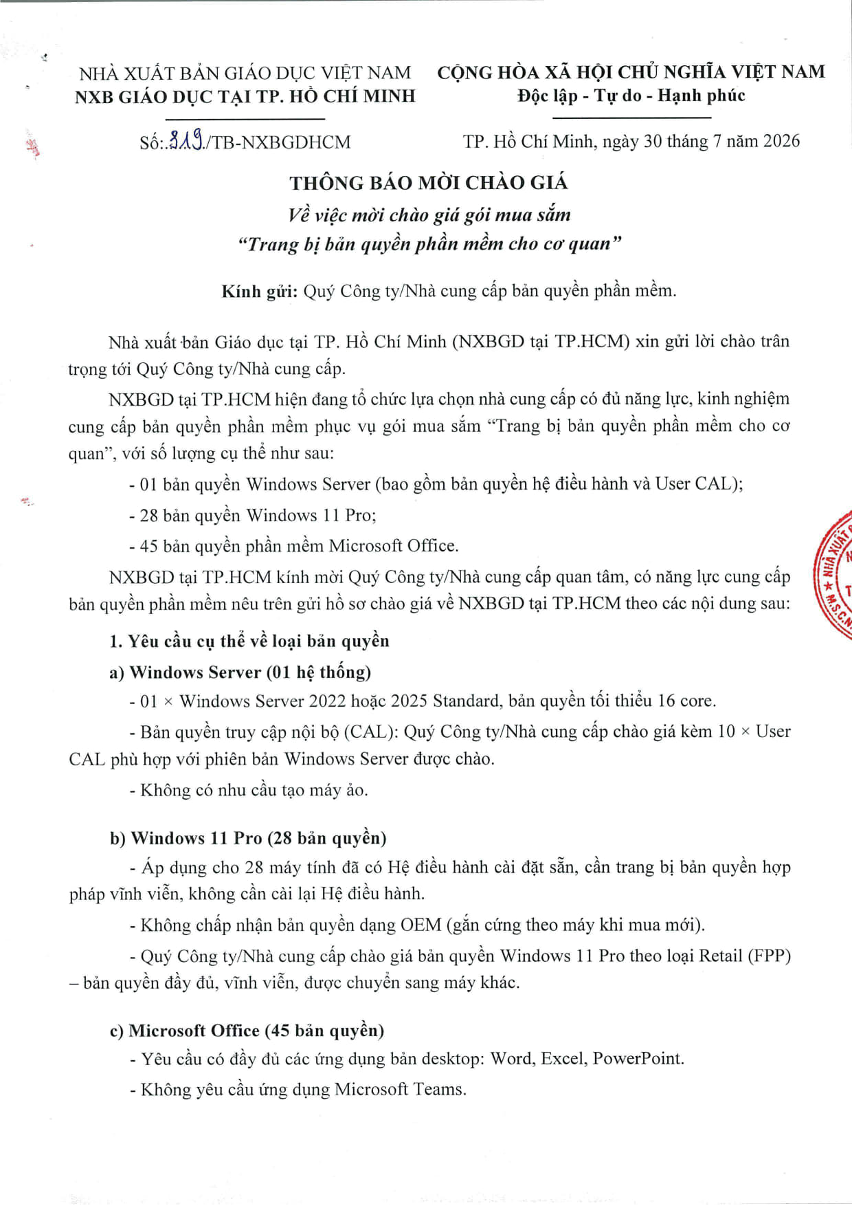 Thông báo mời chào giá - Gói mua sắm "Trang bị bản quyền phần mềm cho cơ quan"