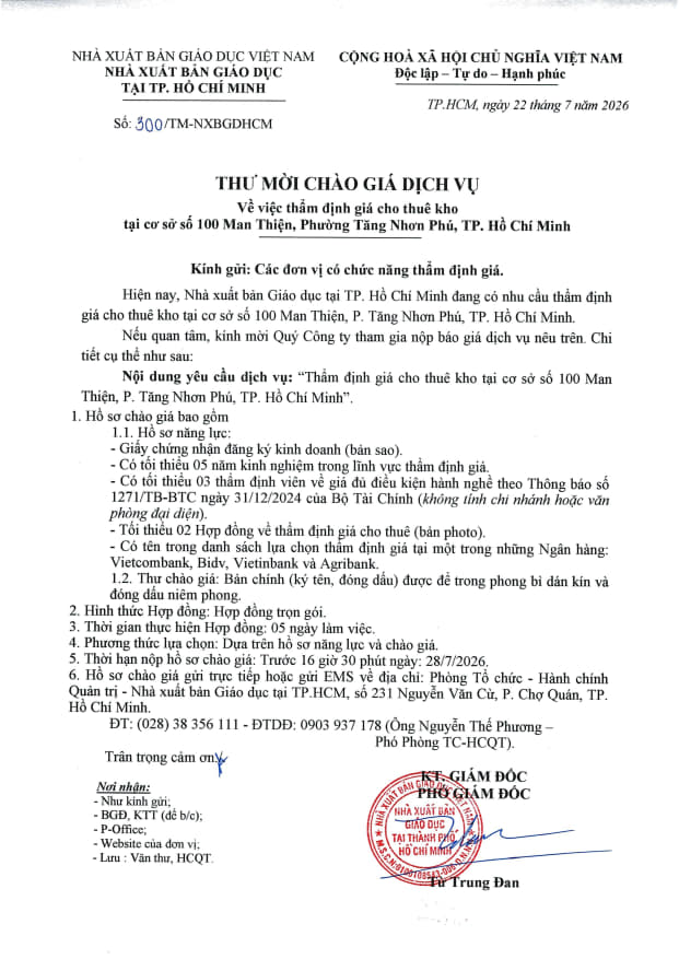 Thư mời chào giá dịch vụ - Về việc thẩm định giá cho thuê kho tại cơ sở số 100 Man Thiện, Phường Tăng Nhơn Phú, TP. Hồ Chí Minh
