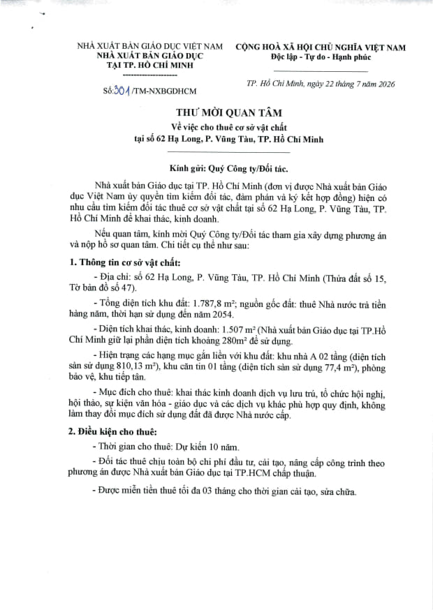 Thư mời quan tâm - Về việc cho thuê cơ sở vật chất tại số 62 Hạ Long, P. Vũng Tàu, TP. Hồ Chí Minh