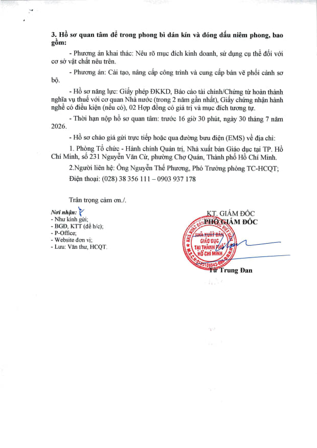 Thư mời quan tâm - Về việc cho thuê cơ sở vật chất tại số 62 Hạ Long, P. Vũng Tàu, TP. Hồ Chí Minh