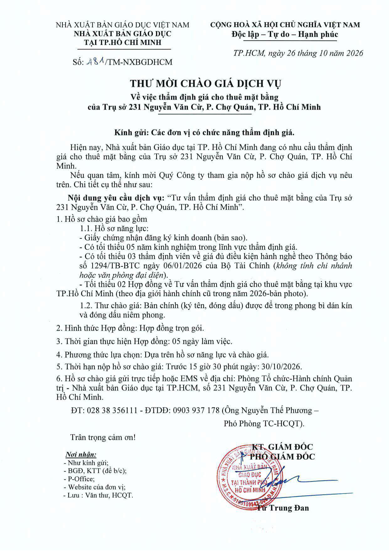 Thư mời chào giá dịch vụ về việc thẩm định giá cho thuê mặt bằng của Trụ sở 231 Nguyễn Văn Cừ, P. Chợ Quán, TP. Hồ Chí Minh