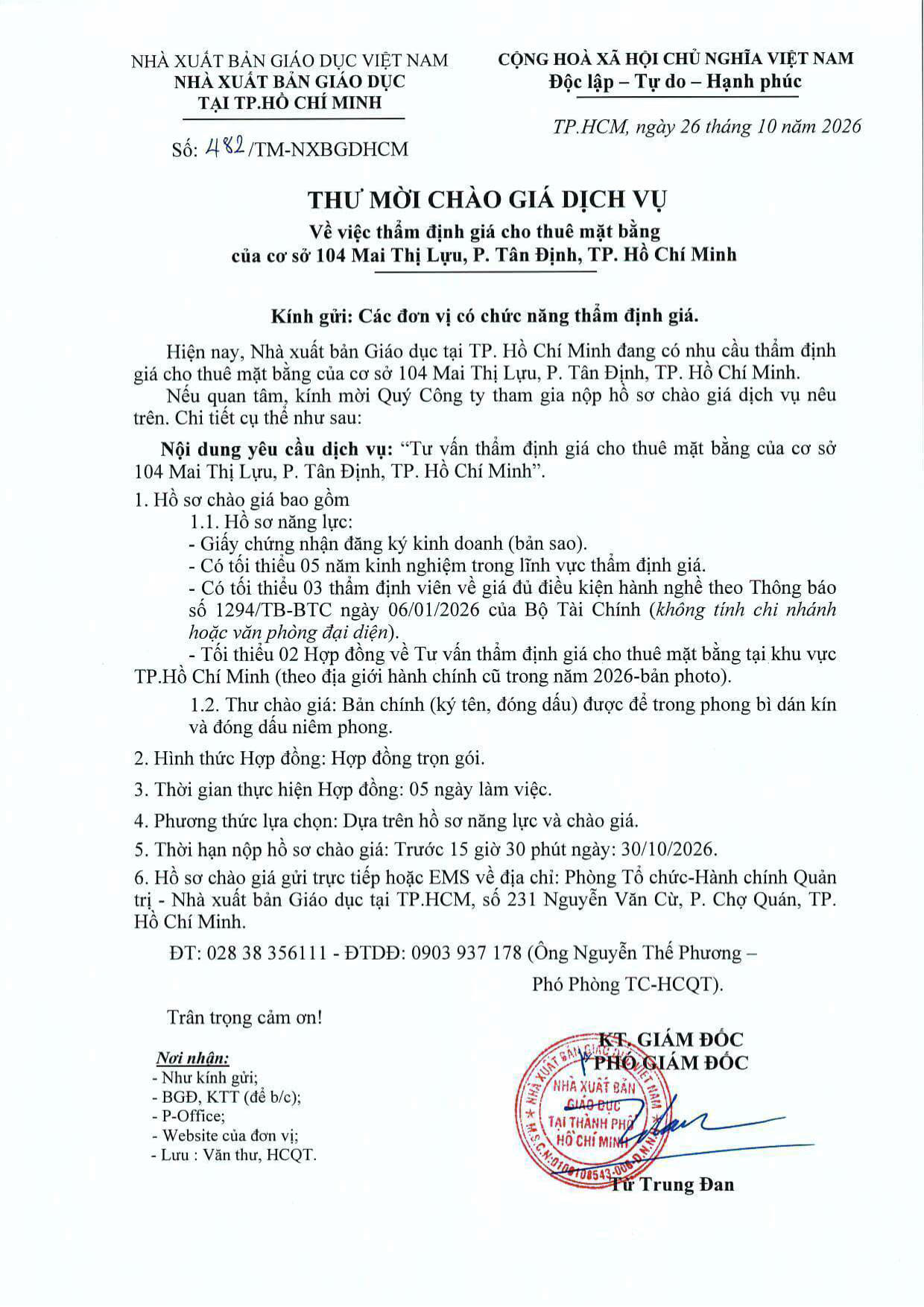 Thư mời chào giá dịch vụ về việc thẩm định giá cho thuê mặt bằng của cơ sở 104 Mai Thị Lựu, P. Tân Định, TP. Hồ Chí Minh